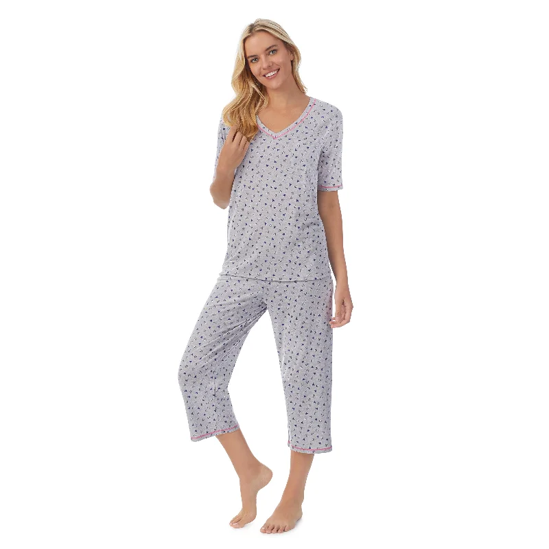 Elegant Women's Evening Garments Cuddl Smart Elbow Sleeve Top with Cropped Pant Pajama Set