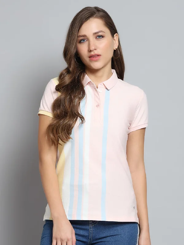 Fashion Sale Women Peach Stripe Collar Half Sleeve T-Shirt