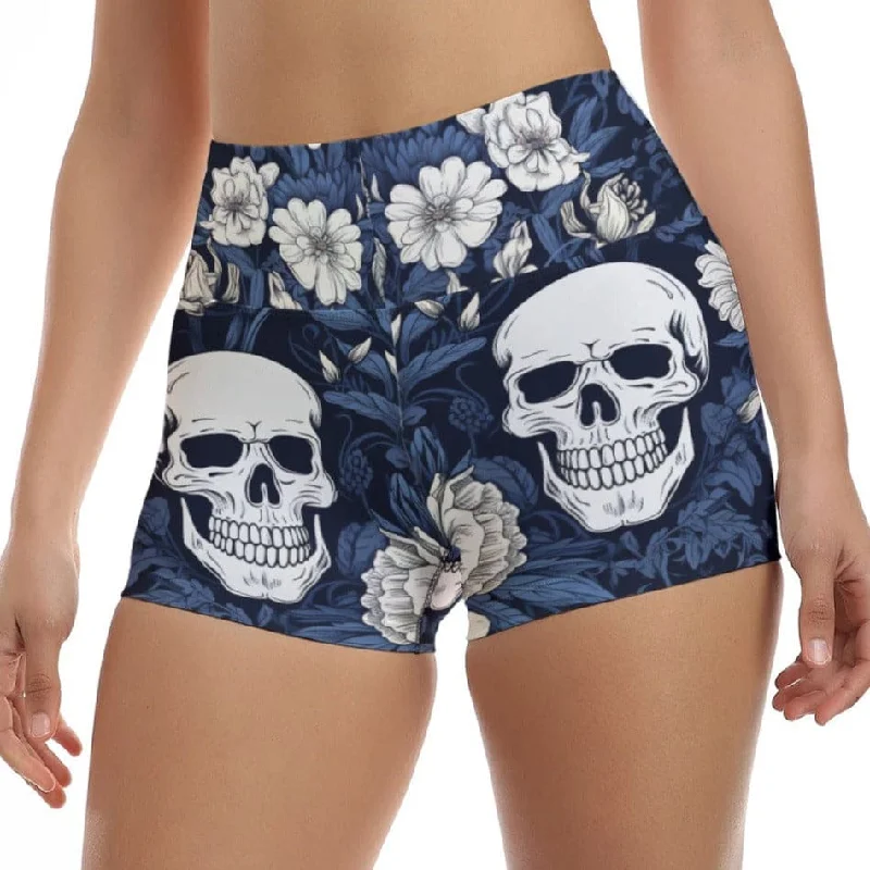 Shop Sales Women's Blue Pattern With Skull & Flowers Ultra-Short Yoga Shorts