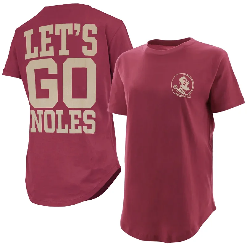 Women's Clothes For Work Pressbox Women's Seminole Logo/Let's Go Noles Design Round Bottom Short Sleeve T-shirt - Garnet