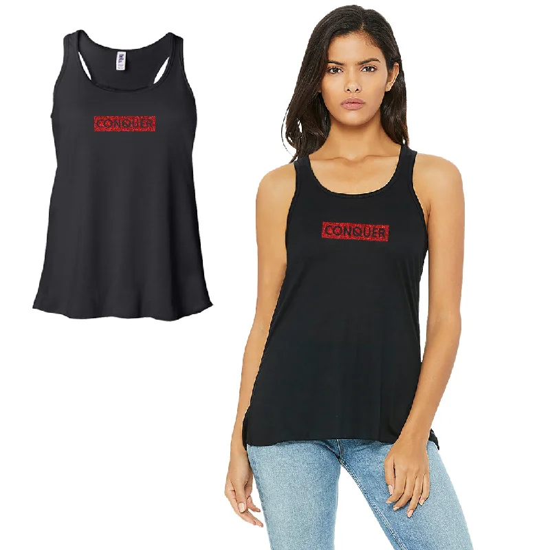 Women's Luxury Apparel Conquer-RED Work Out Womens Black Tank Top Vinyl Printed