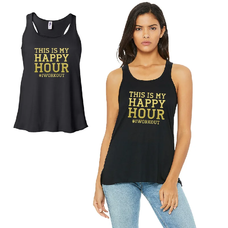 Women's Vacation Clothes Happy Hour I Work Out-GOLD Work Out Womens Black Tank Top