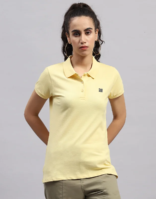 Romantic Chic Deals Women Yellow Solid Polo Collar Half Sleeve T Shirt