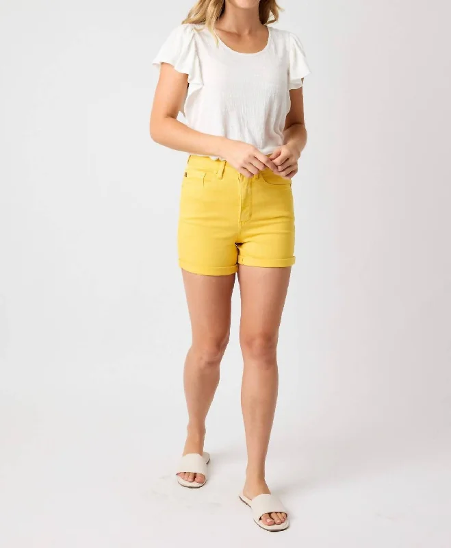 Women's Chic Outerwear Attire Women's High Waist Tummy Control Garment Dyed Shorts In Yellow