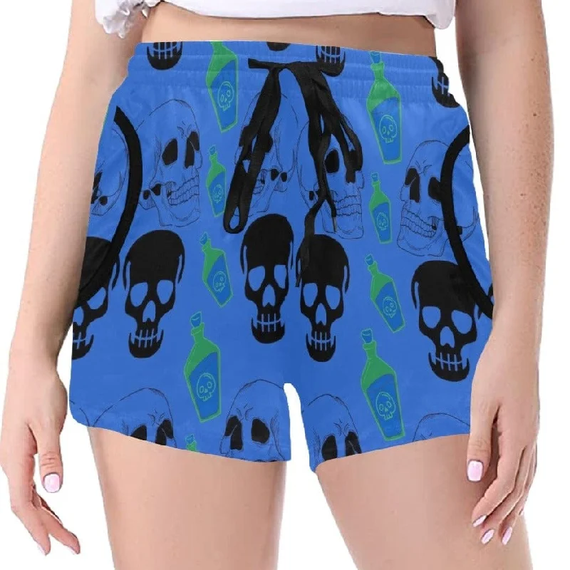 Women's Comfortable Lounge Outfit Women's Mid-Length Black Skull Heads Blue Tie Front Shorts