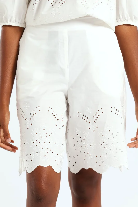 Women's Clothes For The Office Pull On Flat Front Bermuda Shorts With Anglaise Hem - White