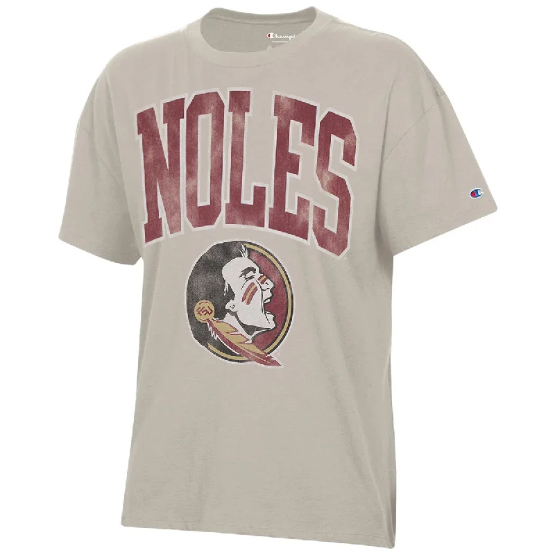 Women's Activewear Garments Champion Women's Noles/Seminole Logo Distressed Design Oversized Short Sleeve T-shirt - Cocoa Butter