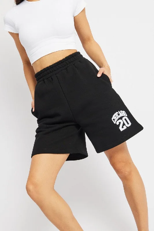 Fashionable Women's Outfit Black Track Short Boyfriend Mid-Thigh