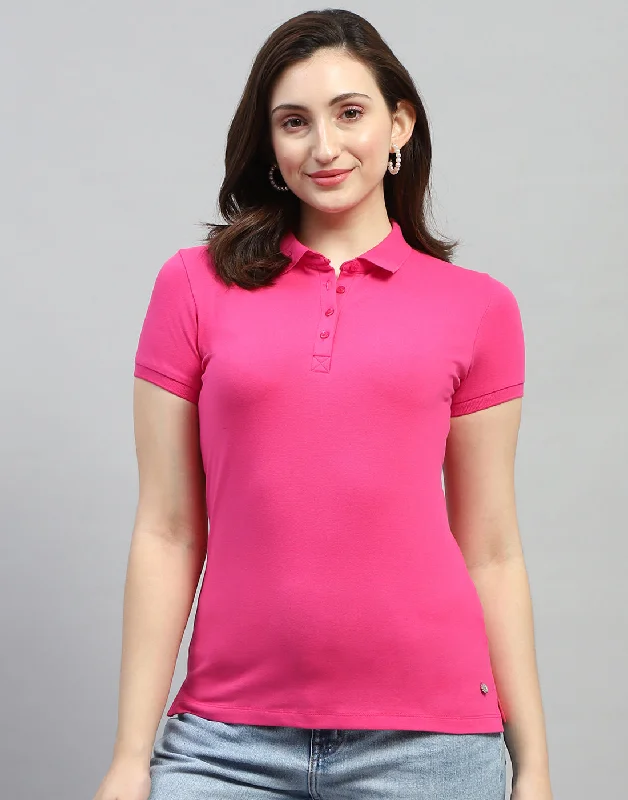 Romantic Fashion Discounts Women Pink Solid Polo Collar Half Sleeve T Shirt