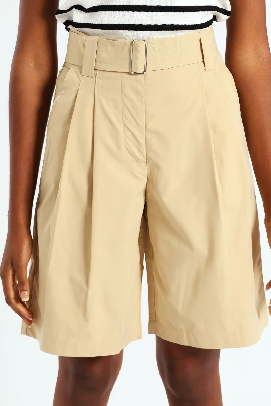 Women's Everyday Apparel Belted Pleated Structured Bermuda Shorts - Khaki