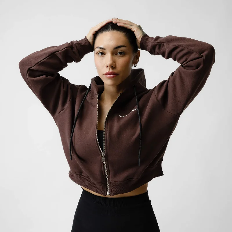 Women's Outerwear Clothing Cropped Zip-Up Hoodie - Brown