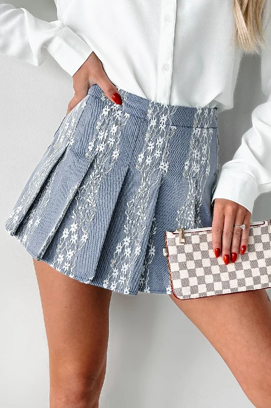 Casual Apparel For Women Flirty Concepts Pleated Lace Mini Skort (Blue Denim)