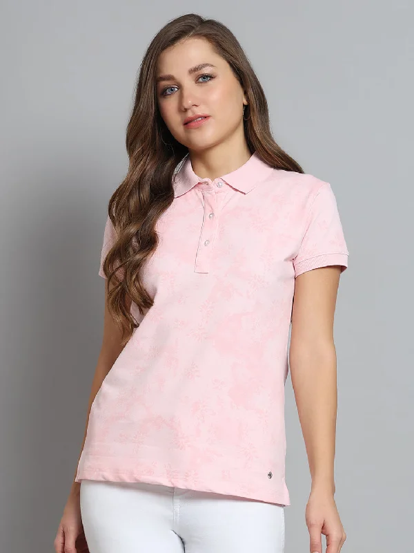 Women's Casual Clothing For Lounging Women Pink Printed Collar Half Sleeve T-Shirt