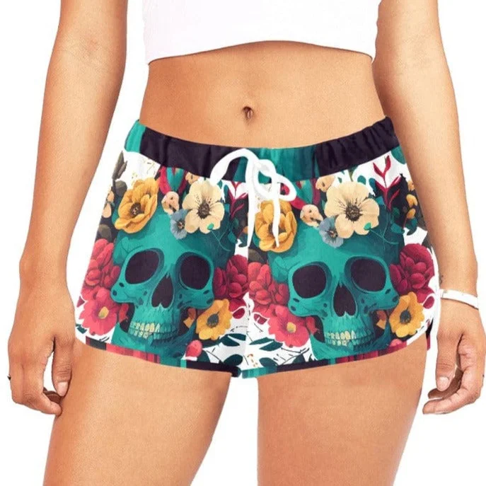 Trend Forward Threads Women's Blue Skulls Floral Casual Shorts