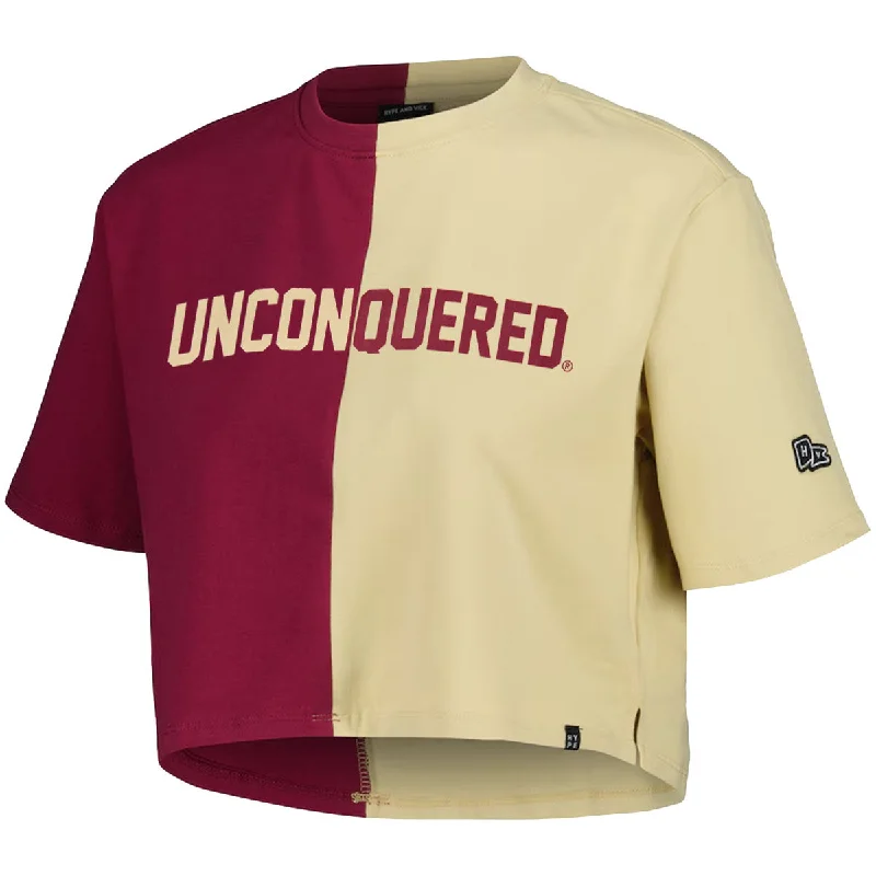 Women's Workout Garments Hype & Vice Women's Unconquered Short Sleeve Contrast Crop T-shirt - Garnet/Gold