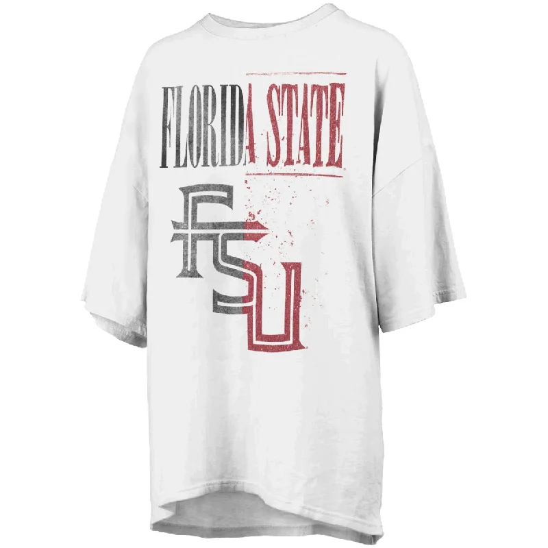 Women's Professional Clothes Pressbox Women's Florida State Stacked FSU Split Design Short Sleeve Oversized T-shirt - White