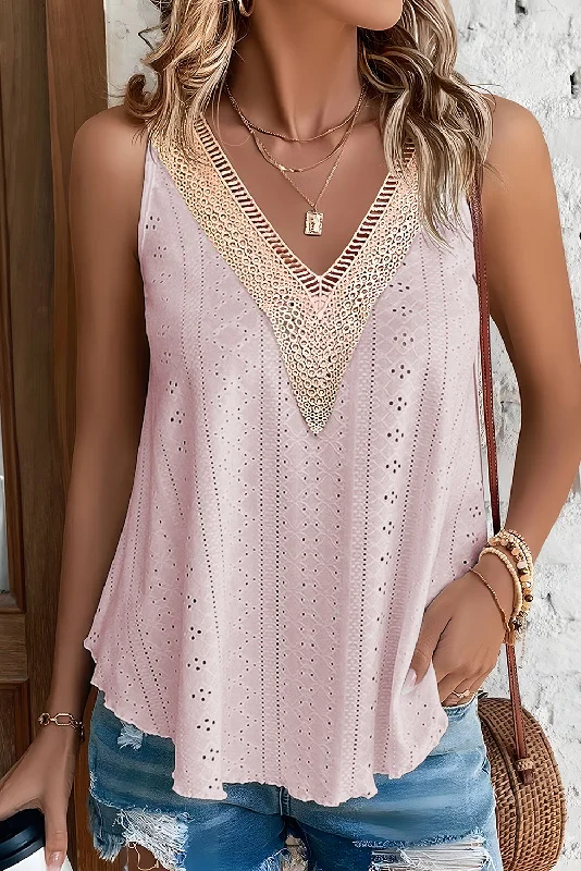 Special Offers Apricot Pink Lace Crochet Splicing V Neck Loose Fit Tank Top