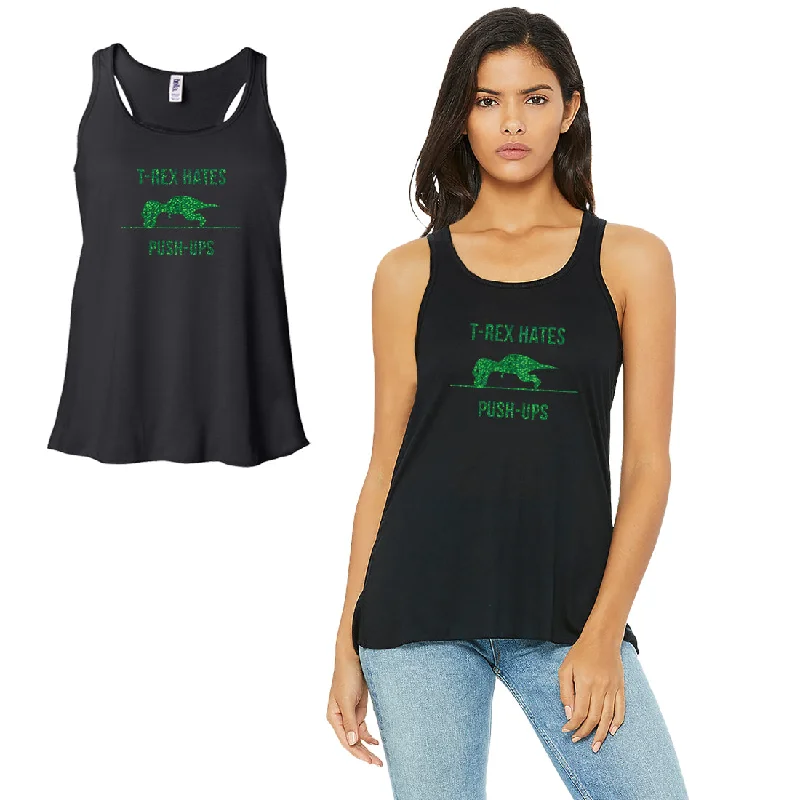 Affordable Luxury Women's Apparel T-Rex Hates Push-Ups-GREEN Work Out Womens Black Tank Top