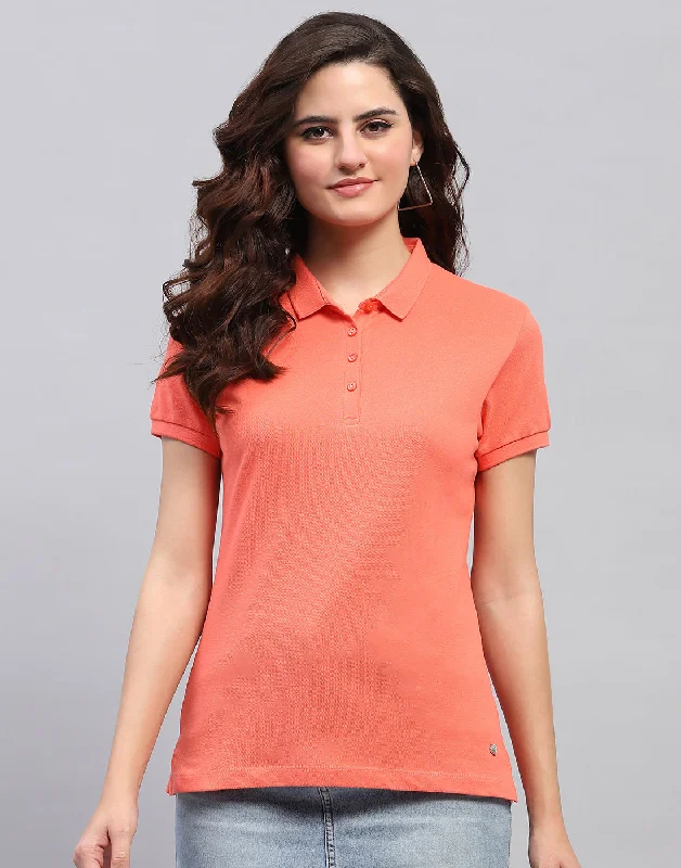 Polished Style Deals Women Coral Solid Collar Half Sleeve T-Shirt