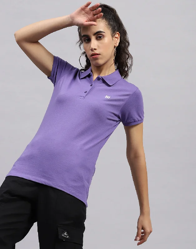 Feminine Style Promotions Women Purple Solid Polo Collar Half Sleeve T Shirt