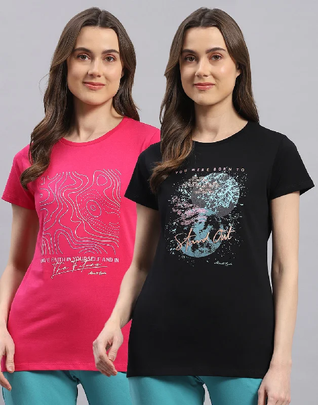 Women's Seasonal Clothing Women Black & Pink Printed Round Neck Half Sleeve Top 2 Pc Set