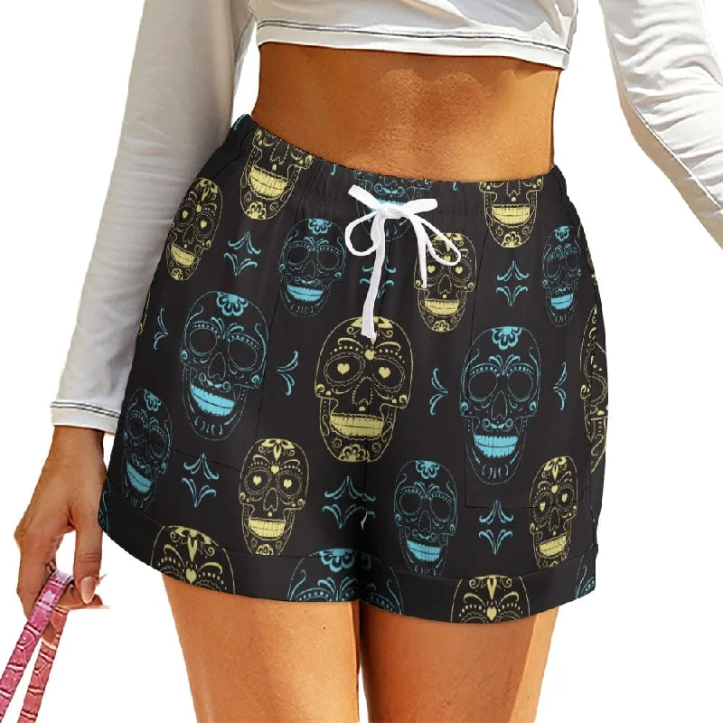 Top Brand Discounts Blue & Gold Skulls High Waist Loose Shorts