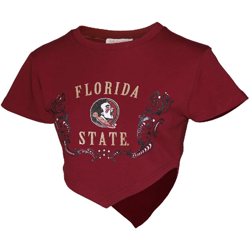 Women's Stylish Professional Apparel Emerson Street Women's Florida State/Seminole Logo Glitter Design Short Sleeve Crop Dart T-shirt - Garnet