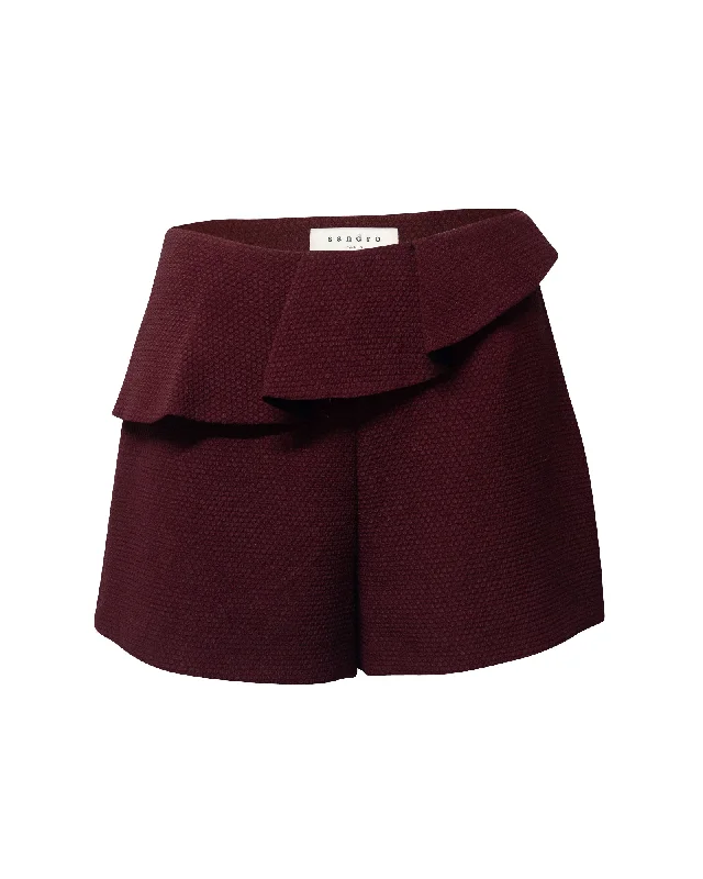 Women's Apparel Sandro Paris Ruffled Textured Shorts in Burgundy Polyester