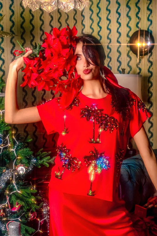 Women's Athletic Garments Red Multi Christmas Light Palm Tree Tee