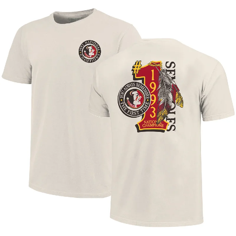 Contemporary Casual Deals Image One Adult/Unisex Vault Seminole Head 1993 National Champs #1 Feather Design Short Sleeve T-shirt - Bone