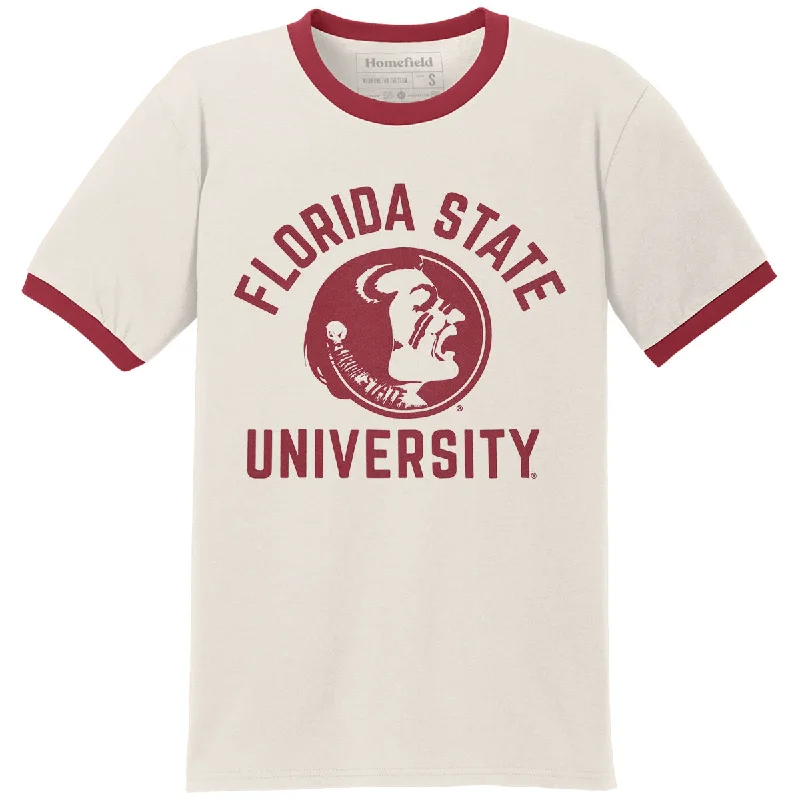 Women's Clothing For Travel Homefield Men's Vault Florida State University Seminole Logo Short Sleeve Ringer T-shirt - Cream/Cardinal