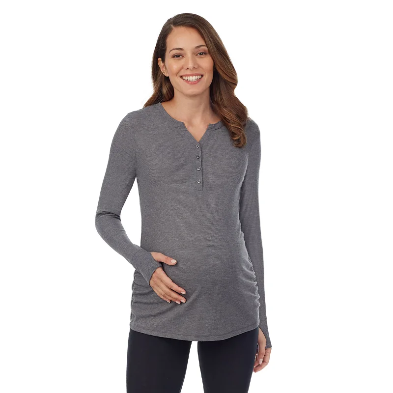 Women's Clothing For Holiday Travel Stretch Thermal Maternity Long Sleeve Split V-Neck Henley