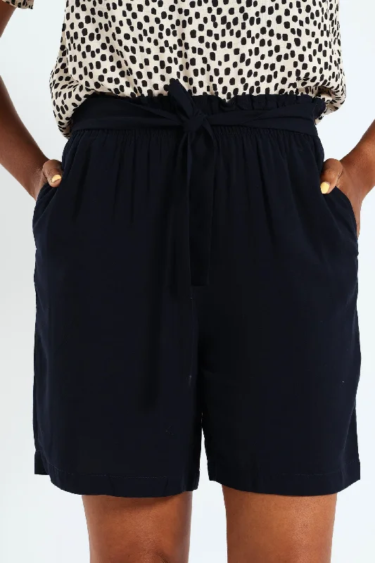 Women's Casual Wear Clothes Self Belt Bermuda Short - Navy