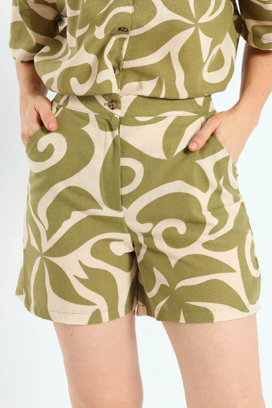 Relaxed Style Deals Zip-Up Swirly Print Mid Thigh Shorts - Fatigue/Cream