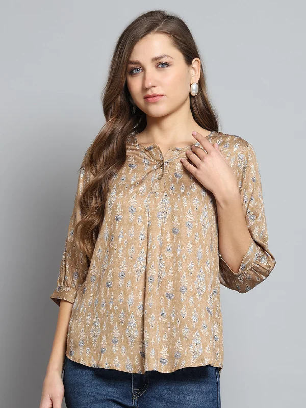 Fashion Sale Women Khaki Printed Round Neck 3/4th Sleeve Top