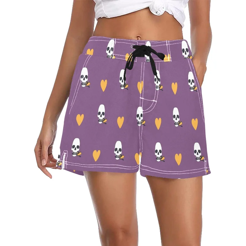 Stupidly Low Prices Purple Pattern Skull & Yellow Hearts Women's Casual Board Shorts