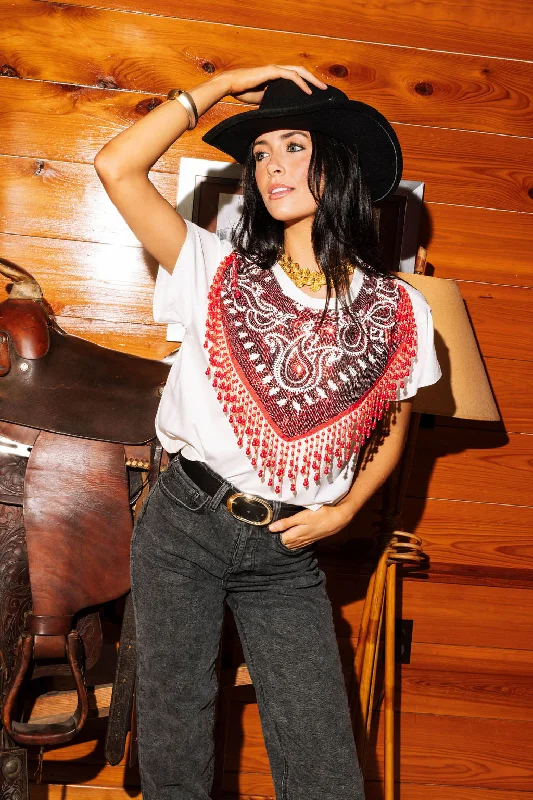 Explore What'S New White With Red Sequin Bandana And Fringe Tee