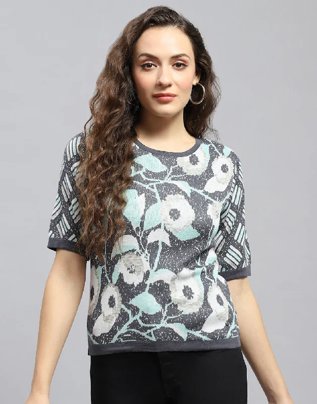 Women's Tops And Clothing Women Grey Printed Round Neck Half Sleeve Top