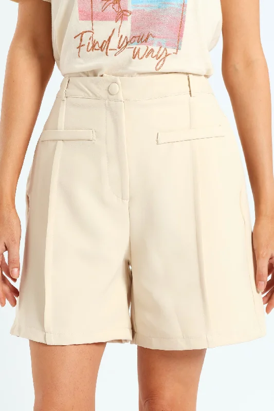 Vintage-Inspired Women's Clothes Pin Tuck Bermuda Short - Cream