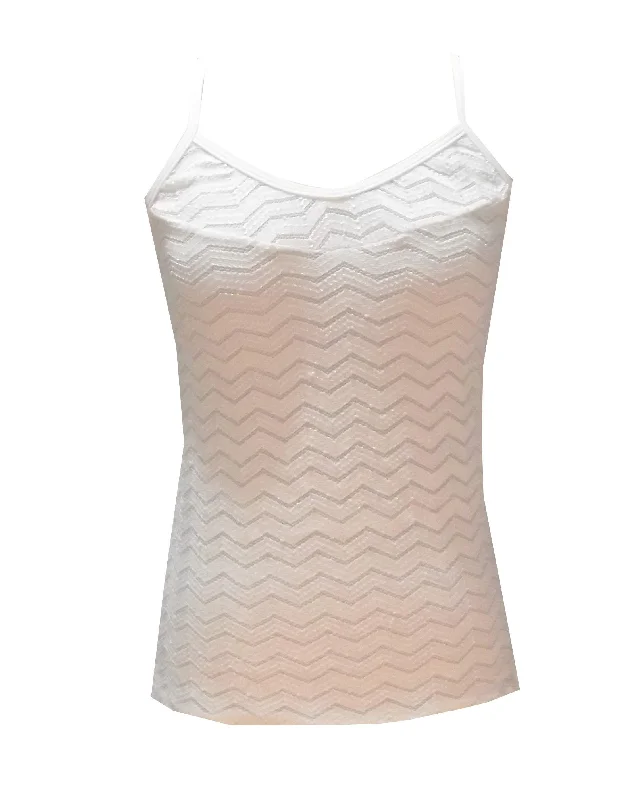 Discount Extravaganza White Singlet Top in stretchy zig zag lace