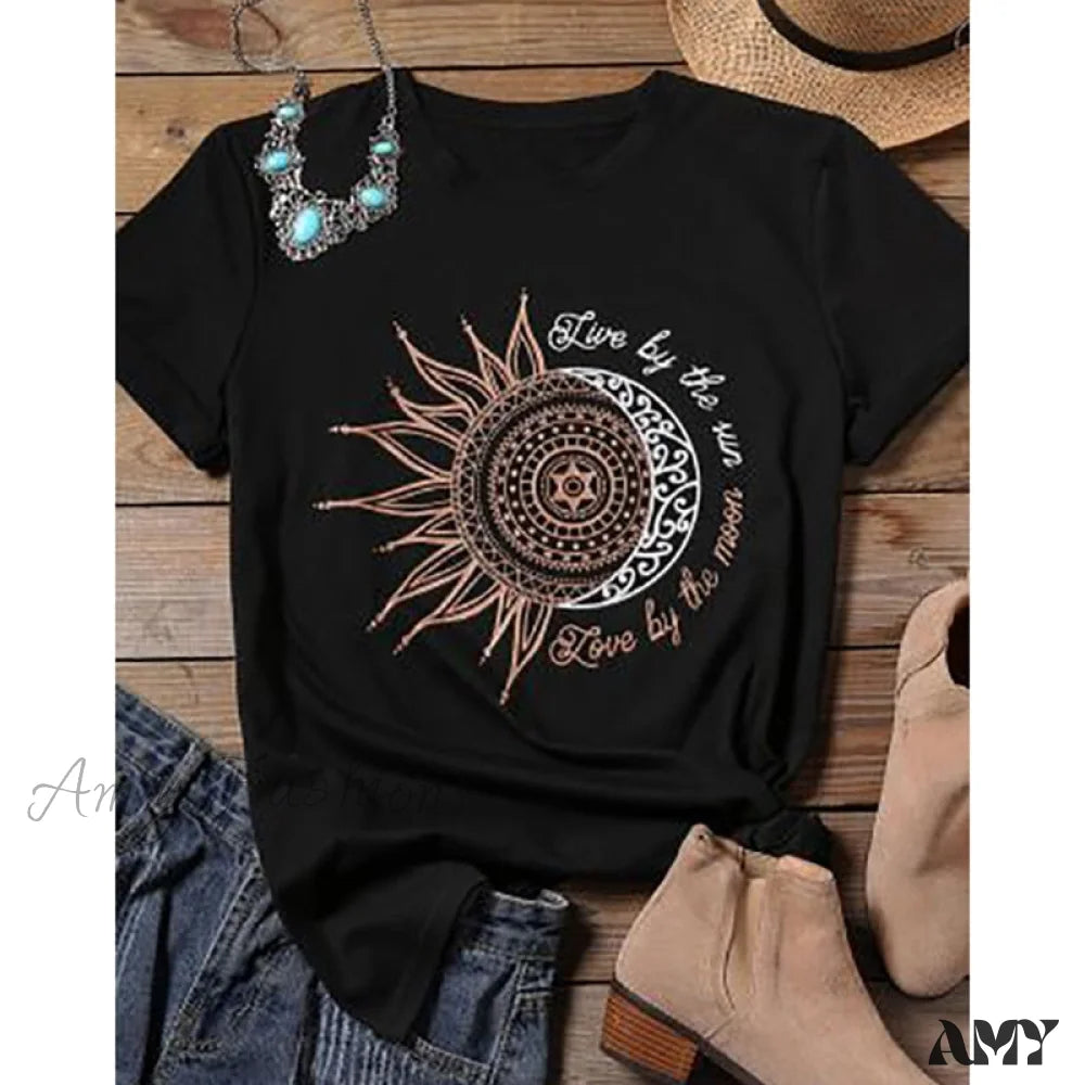 The Latest Trends Amy Fashion - Casual Fashion Letter Sun Moon Print T-shirt