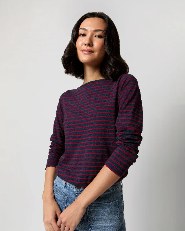 Timeless Elegance Sale Long-Sleeved Boatneck Tee in Heather Navy/Red Stripe Jersey