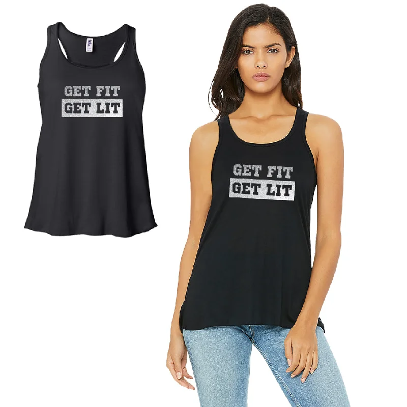 Women's Night-Out Clothes Get Fit Get Lit-SILVER Work Out Womens Black Tank Top