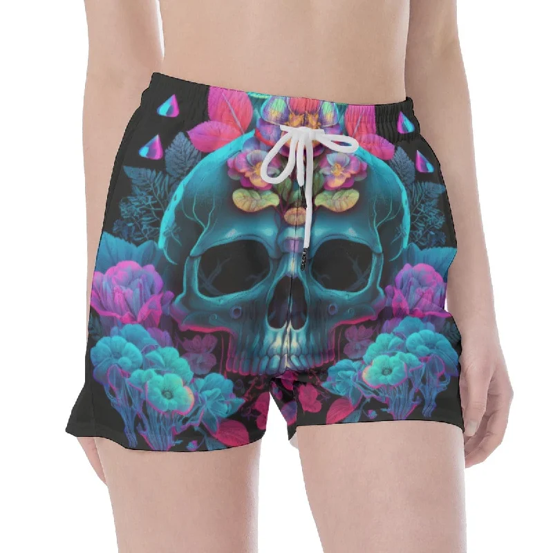 Mega Sales Women's Blue Skull Foral Wide Waistband Sport Shorts