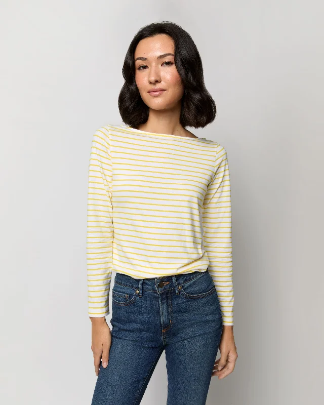 Elevated Casual Discounts Long-Sleeved Boatneck Tee in White/Bright Yellow Stripe Jersey