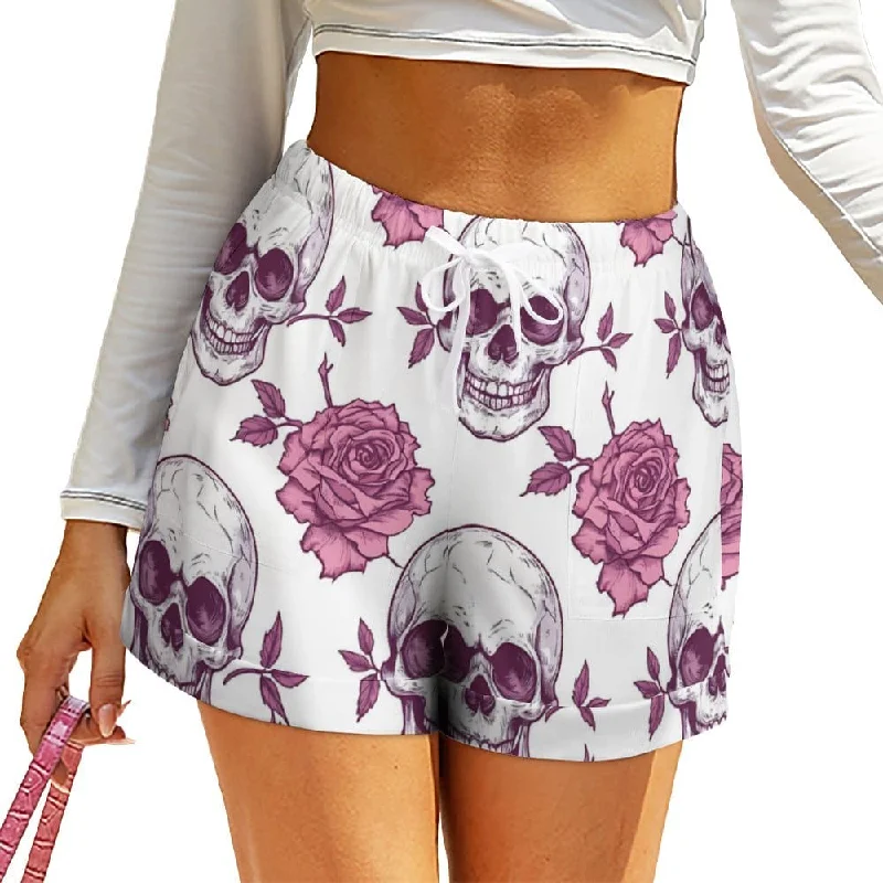 Hot Sale Women''s pink Roses & Skulls High-Waisted Loose Shorts