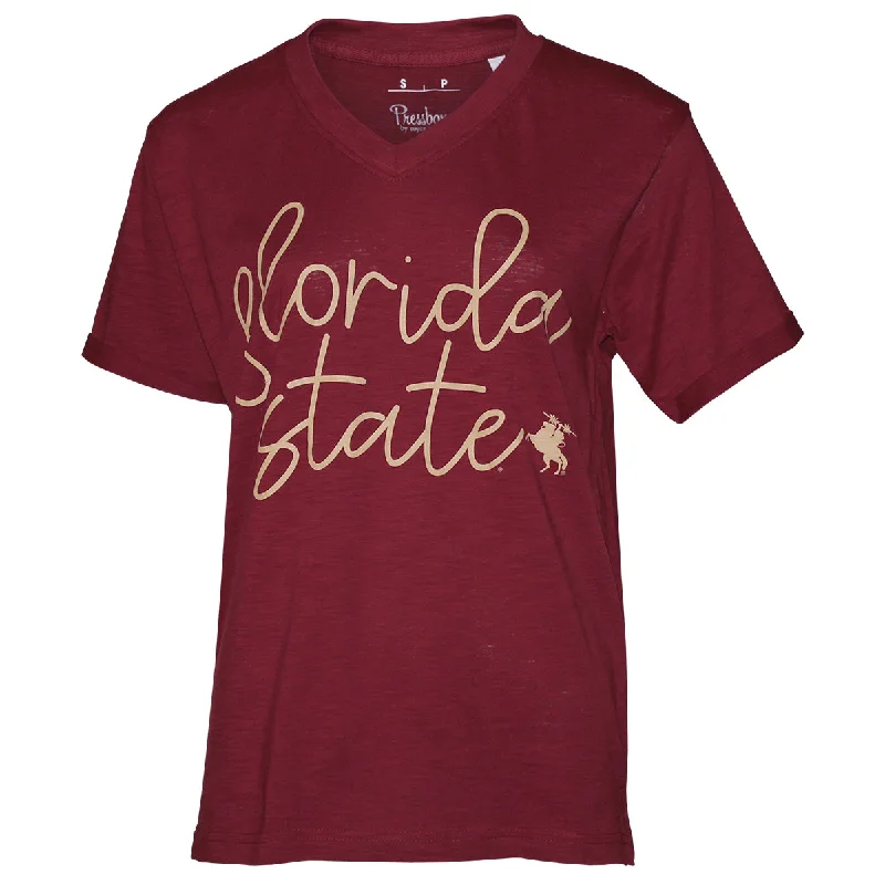 Women's Weekend Outfit Pressbox Women's Florida State/Unconquered Silhouette Short Sleeve V-neck Relaxed Fit Slub T-shirt - Garnet