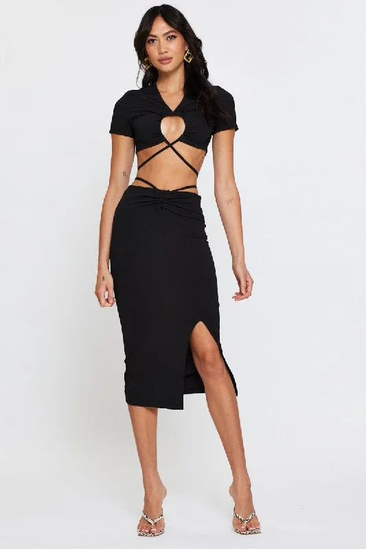 Elevated Casual Discounts Black Ribbed Bodycon Midi Skirt