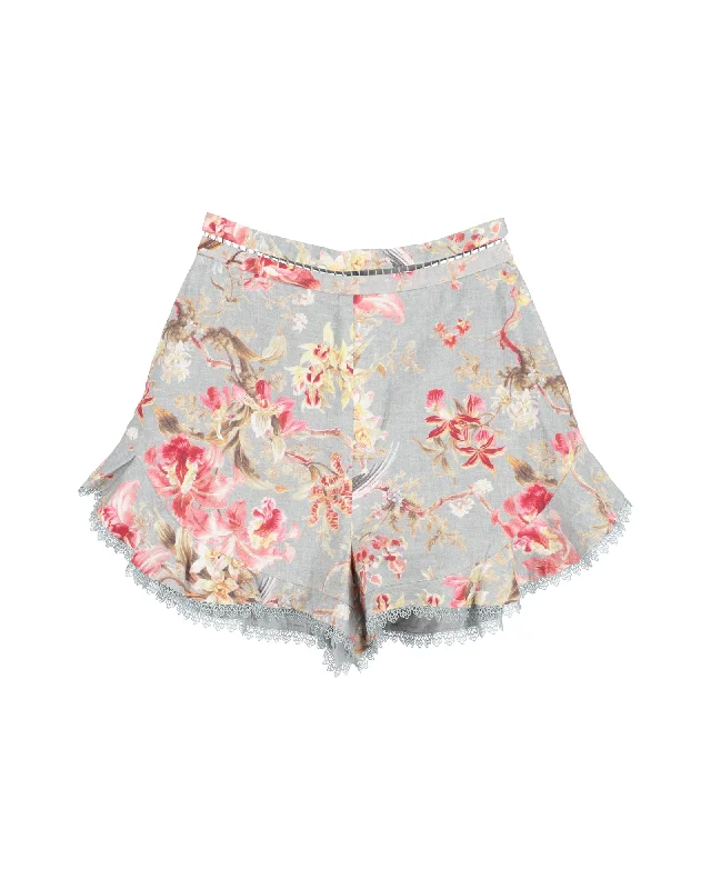 Women's Luxury Garments Zimmermann Mercer Flutter Frill Short in Floral Print Linen