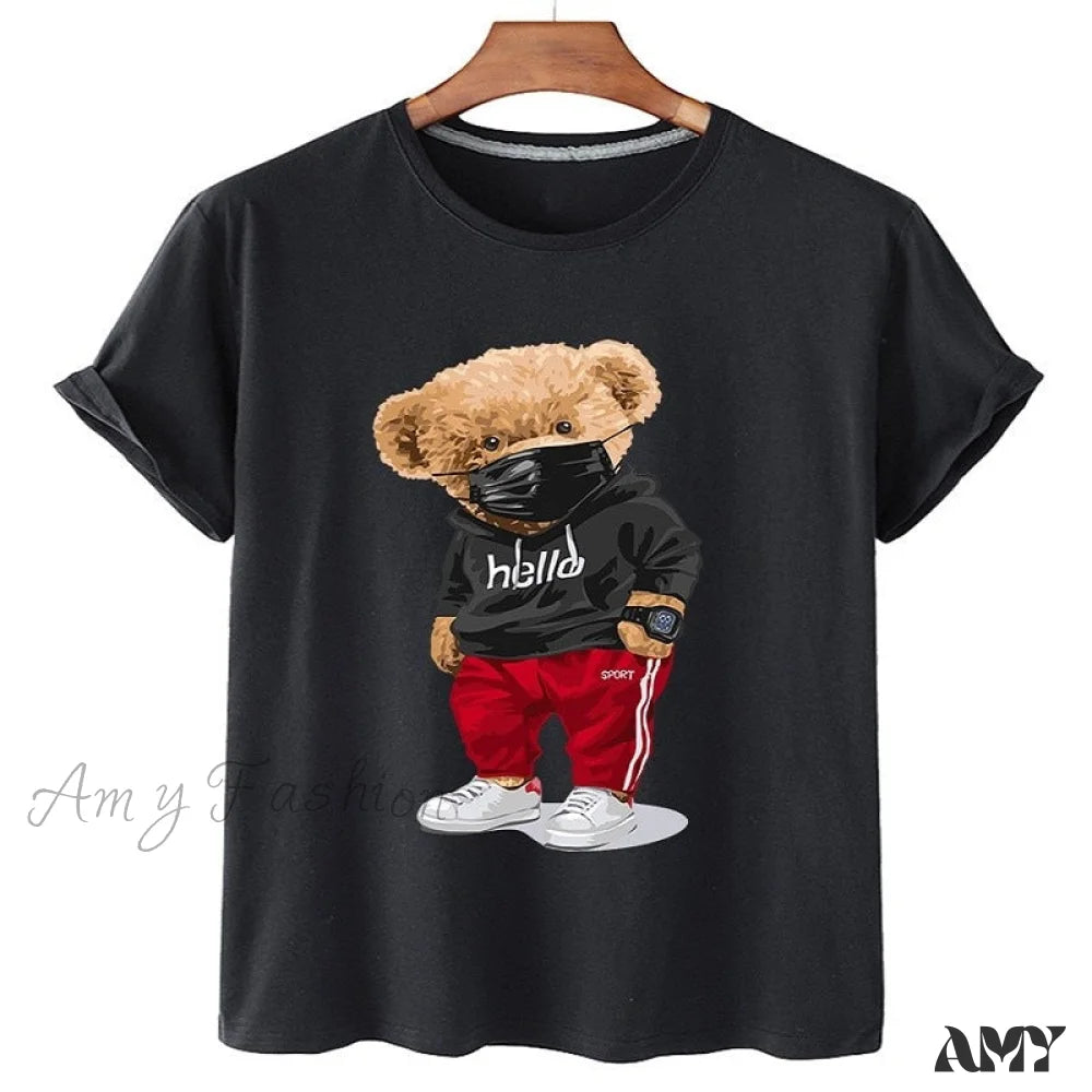 Break Fashion Norms Amy Fashion - Cotton Sports Mask Bear Print Short-sleeved T-shirt